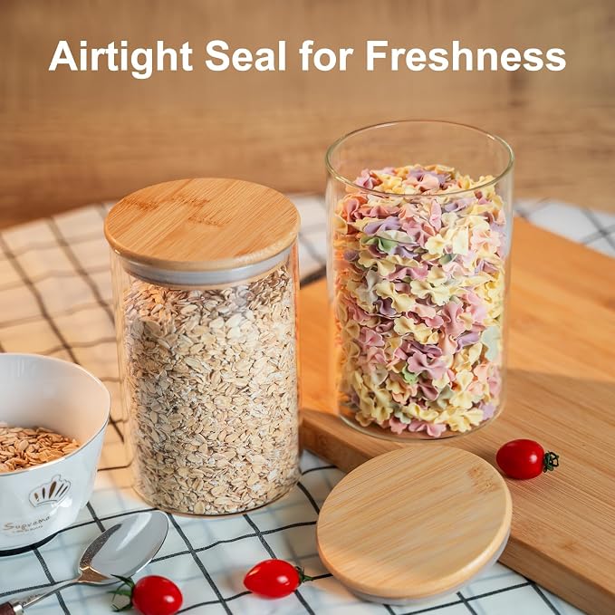 YUNCANG Glass Food Storage Jars 50oz [Set of 6],Clear Glass Food Storage Containers with Airtight Bamboo Lid Stackable Kitchen Canisters for Candy,Cookie,Rice,Sugar,Flour,Pasta - Image 3
