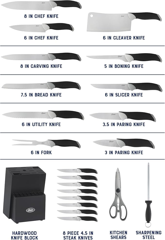 Oster Lindbergh 22 Piece High Carbon Stainless Steel Cutlery Kitchen Knife Block Set w/Black Knife Block - Black Handle - Cuchillos Para Cocina - Image 3