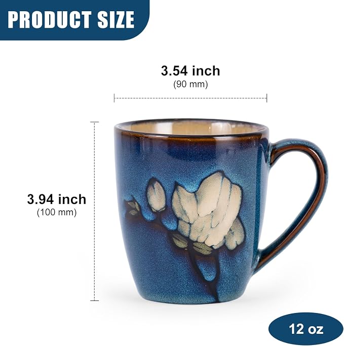 12oz Coffee Mugs Set of 4, Hand-Painted Floral Stoneware Cups with Handle, Dishwasher Microwave Oven Safe, Cappuccino Mugs for Latte, Tea, Espresso & Hot Cocoa, for Home Kitchen & Cafe, Dark Blue - Image 3