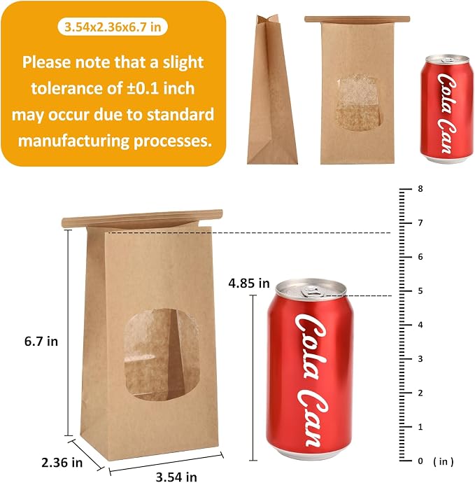 Eupako 3.54x2.36x6.7 Bakery Bags with Window 50 PCS Brown Kraft Paper Bags | Tin Tie Tab Lock Bags for Cookies, Coffee, Included 50 PCS Handmade Stickers - Image 2
