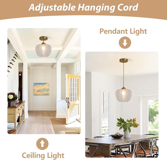 KCO Lighting Clear Glass Pendant Lights Kitchen Island Light Fixture Vintage Ribbed Glass Ceiling Light Antique Brass Pendant Light Gold Globe Pendant Light Fixture - Image 4