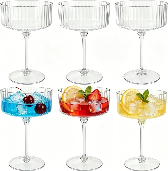 PLULON 6 Pcs Clear Martini Glasses Set 10 Oz Plastic Ribbed Coupe Glass, Cocktail Glasses Champagne Cup Tower Vintage Margarita Glassware for Cocktail Wine Bar Drinking Wedding Party Outdoor Events by PLULON