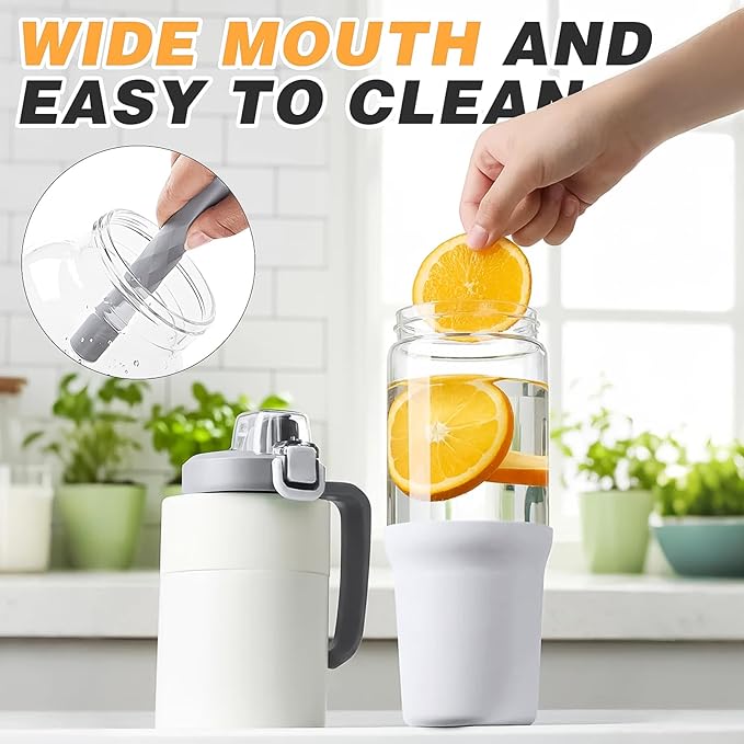 32 oz Glass Tumbler with Handle, 2-in-1 Straw and Sip Spout, Leakproof, BPA-Free Glass Water Bottle for Sports, Office, School, White