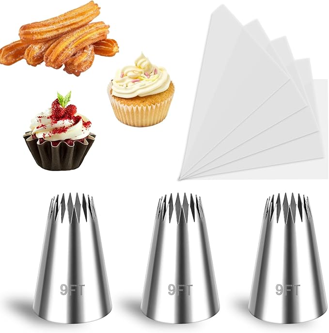 3Pcs Churro Piping Tip, Churro Bags and Tips Set, Stainless Steel 9FT Large Piping Tips, Open Star Pastry Tips for Cake Decorating with 20Pcs Disposable Piping Bags