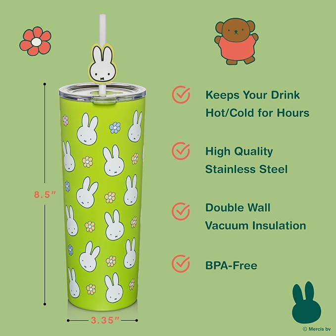 Dragon Glassware | Miffy Stainless Steel Tumbler with Straw, 24 oz - Green | Vacuum Insulated Stainless Steel Tumbler with Straw & Lid; Double Walled Tumbler with Straw Charm; Miffy Cup with Lid - Image 3