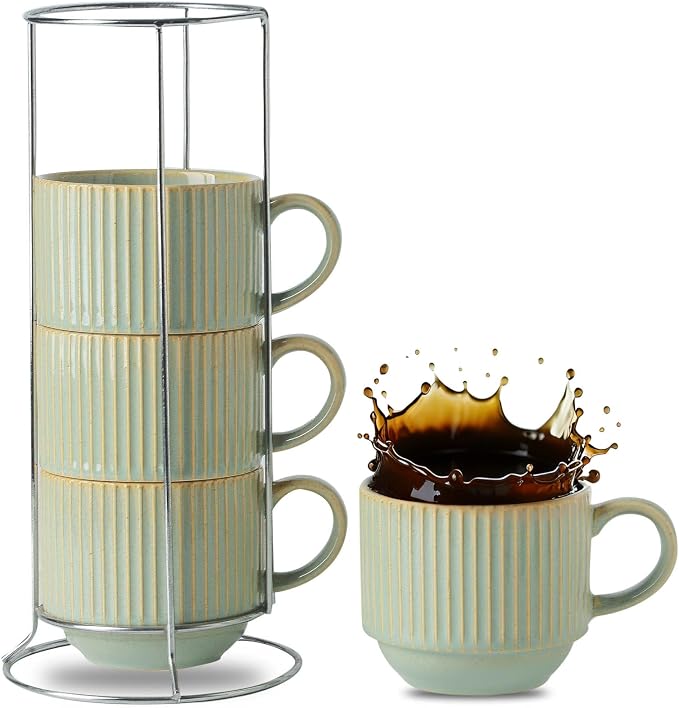 HASENSE Coffee Mugs with Metal Stand, Ceramic 15 Oz Stackable Coffee Cups Set of 4, Vertical Striped Latte Mugs with Holder, Space-Saving Mug Rack for Kitchen, Green by Hasense