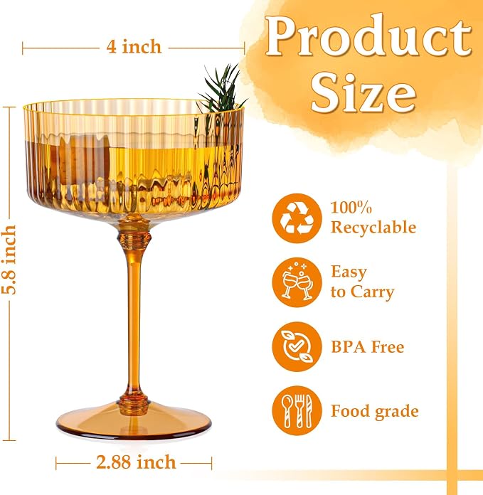 12 PCS Ribbed Coupe Glasses Amber Plastic Champagne Coupe Cup 10oz Detachable Gold Rim Espresso Martini Glass Vintage Margarita Glassware Cocktail Glass Disposable for Thanksgiving Wedding - Image 5