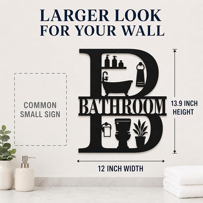 Bathroom Metal Wall Decor, Farmhouse Restroom Sign, 14 Inch | 14-inch matte black metal bathroom sign with pre-drilled holes for farmhouse, modern, or rustic restroom wall decor. - Image 4
