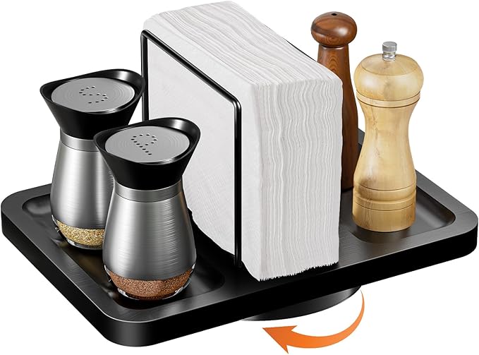 Rotating Napkin Holder for Table with Salt Pepper Shakers Caddy, Black | Bamboo Standing Napkin Dispenser, Metal Paper Napkin Storage for Bathroom Home Kitchen Farmhouse Decor Not Including Shakers by Gomyrod