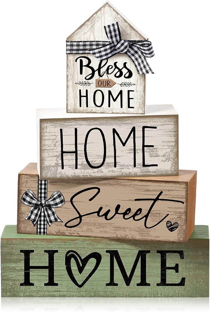 Moucuny 4 Pcs Wooden Farmhouse Table Decor Rustic Home Sweet Home Stacked Blocks Decoration Farmhouse Tiered Tray Decor Decorative Eucalyptus Block Signs Bless Gift for Kitchen Shelf Coffee Table by Moucuny