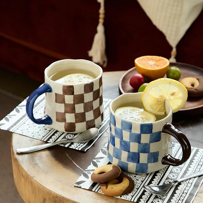 Retro Checkered Ceramic Coffee Mug 16Oz - Extra Large Handle, Microwave Safe Vintage Patterned Tea Cup for Home-2pack - Image 5