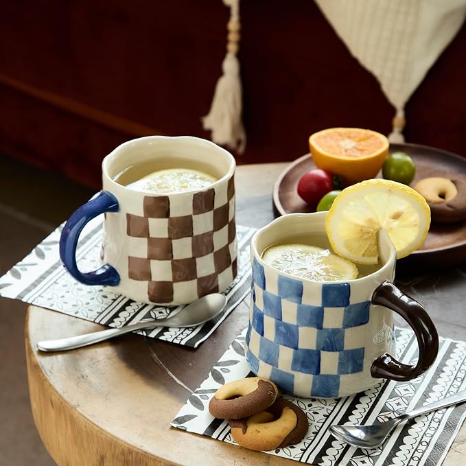 Hand-Painted Ceramic Coffee Mugs Set of 4 – 16oz Large Capacity Artistic Tea Cups with Checkerboard & Striped Patterns, Microwave & Dishwasher Safe for Home, Office, Kitchen (Summer Vibes Collection) - Image 4