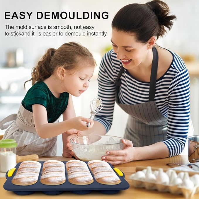 Silicone Bread Loaf Pan, 4-cavity Non-Stick Baguette Bread Pan Heat Resistant Hot Dog Bun Mold, for Sub Roll Baking Pan Bread Pans for Homemade Bread（Gray）