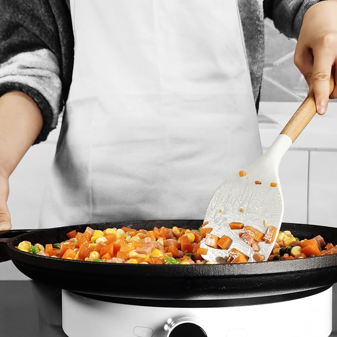 oannao Silicone Cooking Utensils Set - 446°F Heat Resistant Silicone Kitchen Utensils for Cooking,Kitchen Utensil Spatula Set w Wooden Handles for Non-Stick Cookware, BPA FREE (Cream White) - Image 8