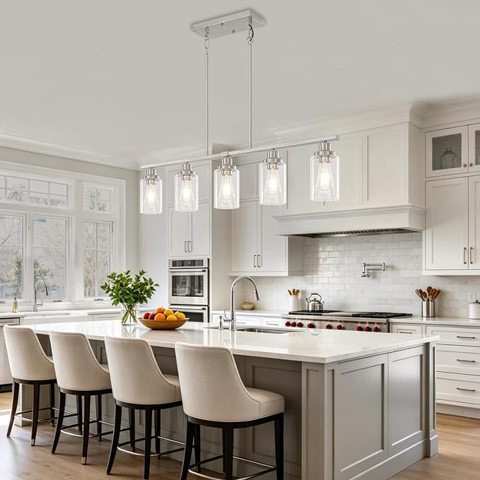 Brushed Nickel Linear Chandelier Over Table, Dining Room Light Fixtures | 5-Light Kitchen Island Lighting, 37'' Modern Island Lights for Kitchen with Clear Glass Shade, Adjustable Height - Image 2