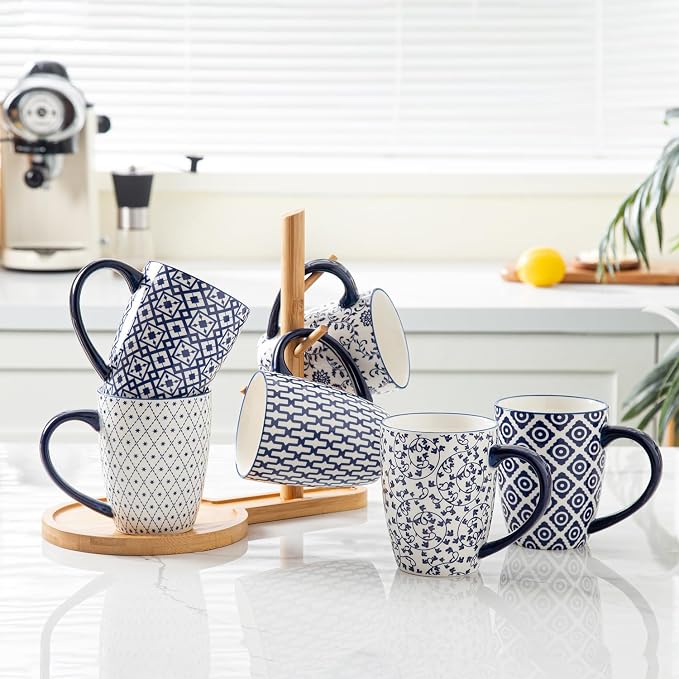 Ceramic Coffee Mugs Set - 16 Oz Large Porcelain Tea Cups with Handle for Men Women Latte Cocoa Cappuccino - Christmas Housewarming Gift - Dishwasher Safe - Set of 6 - Vintage Blue - Image 6
