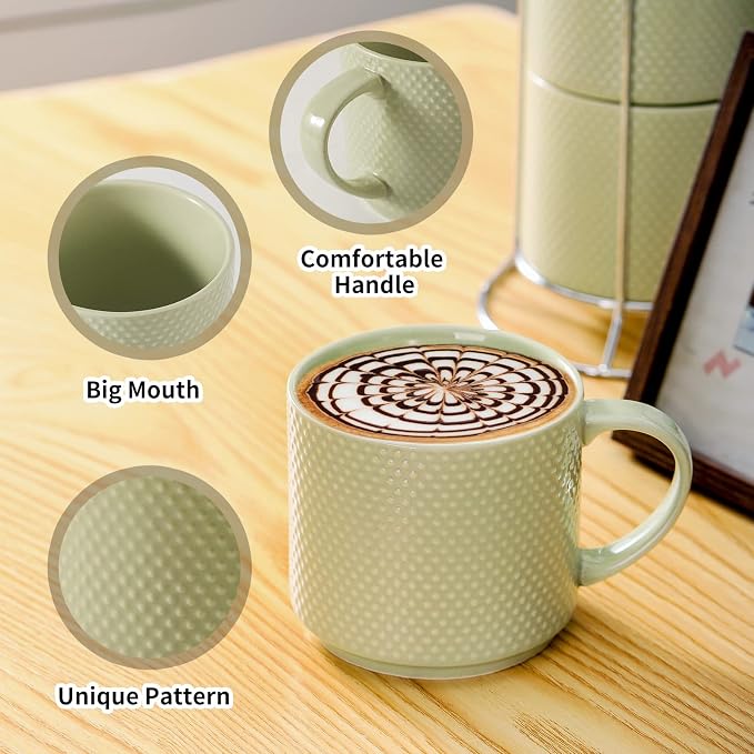 HASENSE Coffee Mugs Set with rack, 15 Ounce Porcelain Stackable Large Coffee Cups Set of 4 with handle for Drinks Like Tea, Cappuccino, Milk, Mocha and Cereal, Microwave & Dishwasher Safe, Green - Image 4
