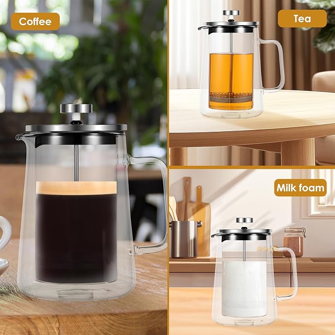 350/650/1000ml French Press Coffee Maker, Double Wall Glass French Press, Clear French Press Tea Maker, Multifunctional Coffee Press Coffee Maker for Home Office (350ML)