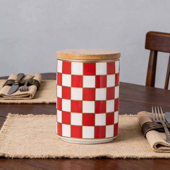 Kitchen Countertop Ceramic Checkered Canisters,Black And White Food Storage Containers With Lid,Airtight Kitchen Canisters for Flour, Sugar, Coffee, Tea, and Dry Goods (Red, Small) - Image 9