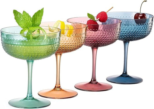Khen Muted Hobnail Coupes Vintage Textured Pastel Style Cocktail Martini Champagne Saucer Retro Colored Glass Goblets Set of 4 10.15oz Durable Glassware Decorative Barware Classic Party Drink by Khen