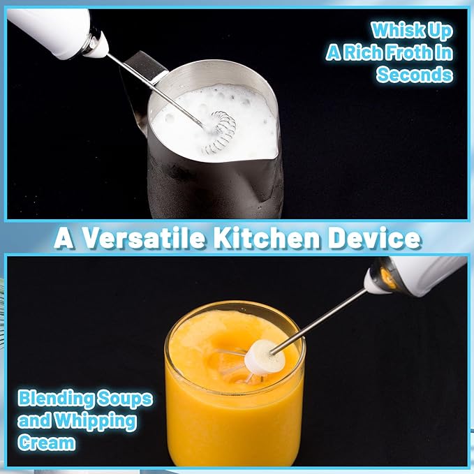 Tonjin Milk Frother with USB-C Rechargeable Wand & 2 Stainless Whisks, Upgraded 3 Speeds Electric Drink Mixer for Coffee, Egg, Matcha