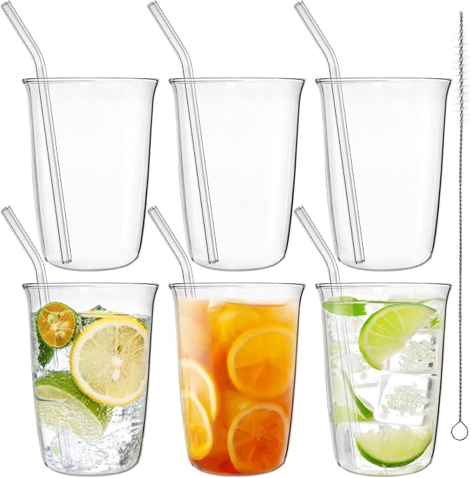 6 Pieces Drinking Glasses with Straw, 16 Oz Clear Water Glass Set | Lead-free Highball Glass Cup Kitchen Glassware for Juice, Beverage, Cocktail, Ice Tea, Coffee, Soda by Nagpew