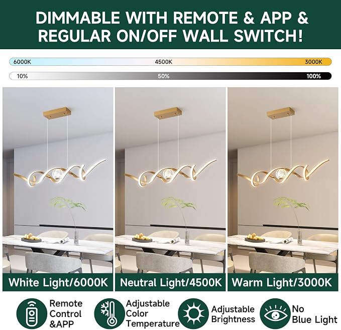 ORANOOR LED Modern Chandelier 39inch Dimmable Kitchen Island Pendant Lights | Gold Chandelier Light Fixtures, Linear Wave Spiral LED Pendant Lighting Over Island, Dining Room Lights Ceiling Hanging, 36W - Image 4