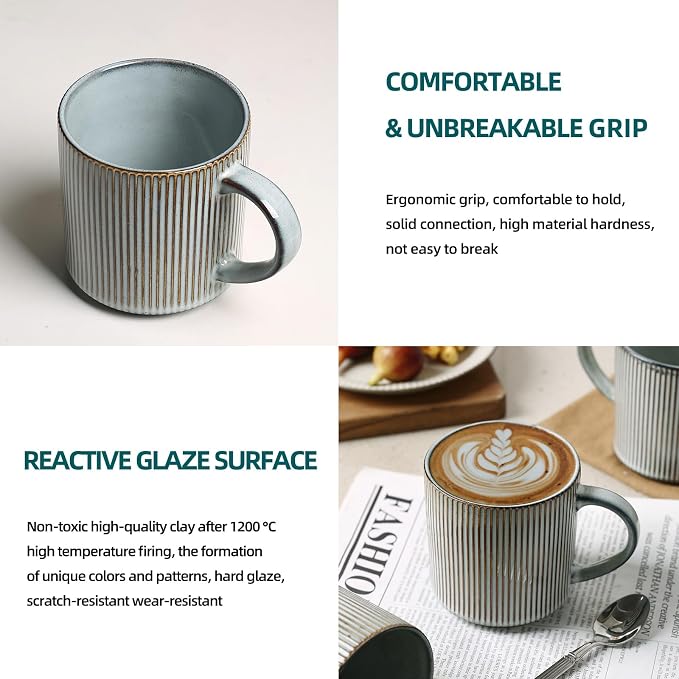 MONITO 16Oz Coffee Mugs Set of 4, Rustic Ceramic Coffee Cups Set with Large Handle, Vintage Striped Stoneware Coffee Mugs for Latte, Cocoa, Tea, Milk, Microwave & Dishwasher Safe, Smoky Blue - Image 5