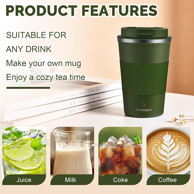 MOMSIV 12oz Travel Coffee Mug, Insulated Coffee Cup with Leak Proof Lid | 6-Hour Heat Retention, 360°Leak proof, Vacuum Stainless Steel Double Walled, BPA-free, Reusable And To Go Coffee Mug - Image 4