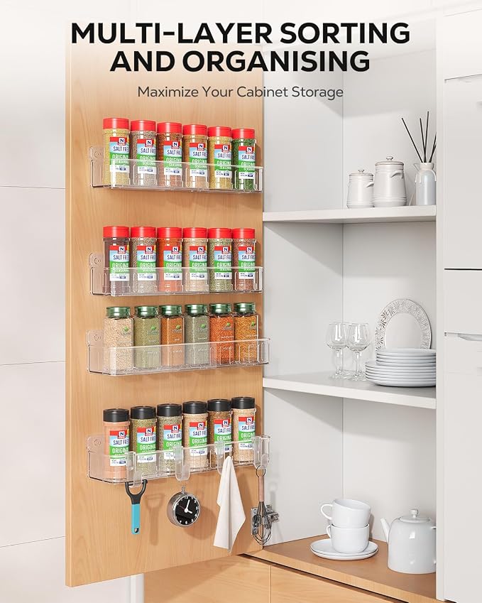 Nieifi Spice Rack Wall Mount, 4 Pack Clear, 2" Depth, Screw/Adhesive | Wall-Mounted with Removable Hooks Saves Counter Space, Fits 2" Deep Jars, Ideal for Kitchen Cabinets, Pantry Doors, and RVs. - Image 2