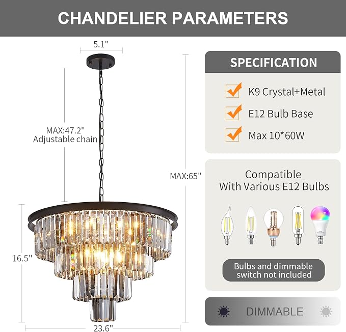 24'' Smoke Gray Crystal Chandelier Black Modern Luxury Light Fixture for Dining Room 4-Tier Round Hanging Pendant Ceiling Lighting for Entryway Foyer Living Room Bed Room Adjustable Height - Image 3