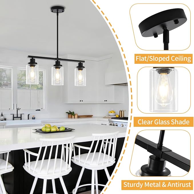 Modern Island Lights for Kitchen Black Dining Room Light Fixtures | 3-Light Linear Chandelier Over Table, 21.25'' Farmhouse Kitchen Island Lighting Clear Glass Shades, Adjustable Height - Image 6