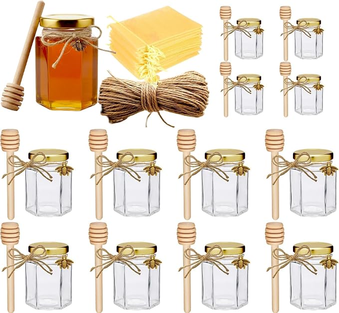 Adabocute 4oz Hexagonal Honey Jars - Glass Honey Jars with Gold Lids, Wooden Dippers, Bee Charms and Jutes - Hexagon Jars for Baby Shower, Wedding and Party Favors, 12 Pack by Adabocute