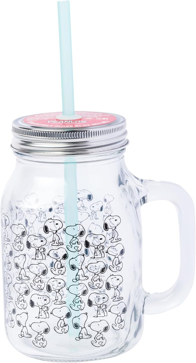 Silver Buffalo Peanuts Snoopy, Glass Mason Jar with Handle and Straw, 21oz | Includes Lid, 0.62 Liters by SilverBuffalo