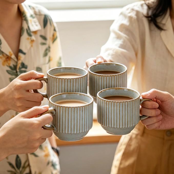 HASENSE Stackable Coffee Mugs, 15 Oz Ceramic Coffee Mugs with Stand, Vertical Striped Coffee Cups Set of 4 with Handle, Space-Saving Suitable for Kitchens and Coffee Nook, Blue-Gray - Image 4