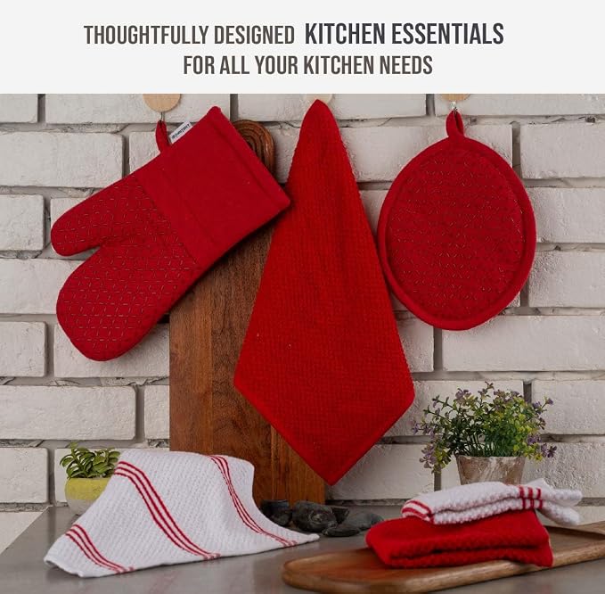 LANE LINEN 16 Pc Kitchen Dish Towels Set - 6 Absorbent Terry Kitchen Hand Towels, 6 Dish Cloths for Washing Dishes, 2 Silicone Grip Potholders & 2 Silicone Oven Mitts - Red - Image 3