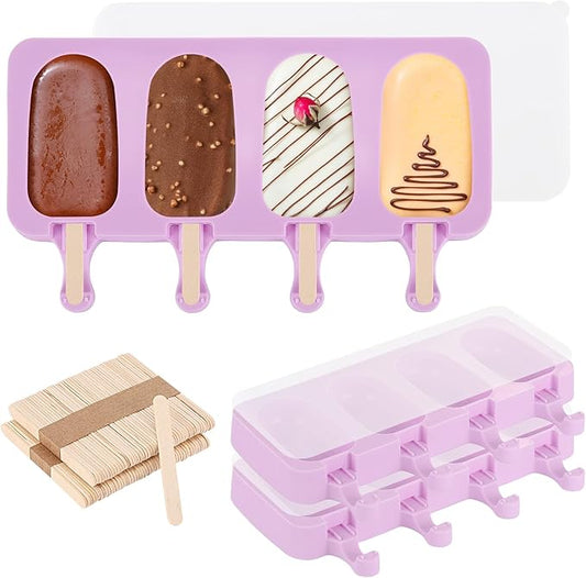 3 Set Violet Popsicles Molds with Lids and 100 Pcs Wooden Popsicles Sticks, Standard Size 4 Cavities Silicone Ice Pop Molds for Making Cakesicles, Cake Pops, Ice Cream - BPA Free