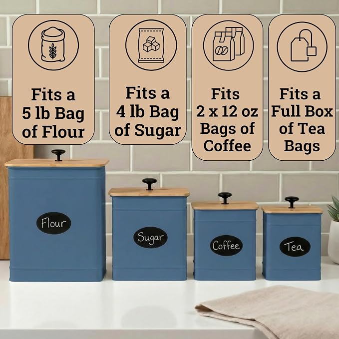 Kitchen Canisters for Countertop Set of 4 w/ Chalkboard Labels & Marker Pen | Airtight Easy Open Bamboo Lids, Dent-Resistant Thick Metal, Customizable Chalkboard Labels, Marker Pen Included, Set of 4 - Image 3