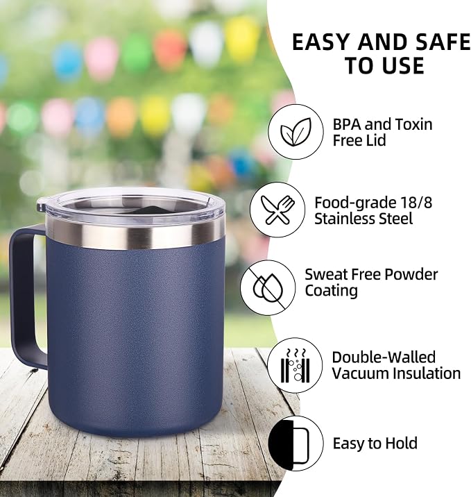 Volhoply 14oz Insulated Stainless Steel Coffee Mug with Lid Bulk 8 Pack,Double Wall Vacuum Travel Coffee Cup with Handle,Reusable Metal Cups Tumbler,Camping Mugs Keep Hot,Ideal Gifts(Navy,8) - Image 4