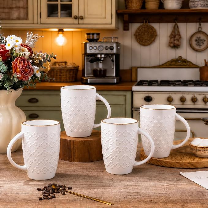 AmorArc Large Coffee Mugs Set of 4, 20oz Tall Coffee Mugs Set | with Texture Patterns for Cappuccino, Latte,Hot Cocoa, Dishwasher & Microwave Safe-Off White by AmorArc