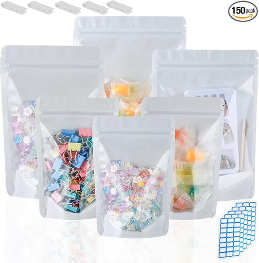 4X6 Resealable Bags 150 Pcs Mylar Bags for Food Storage Candy Packaging Mylar Bags with Window Reclosable Small Stand Up Pouches Edible Packaging for Small Business White by Circloophs
