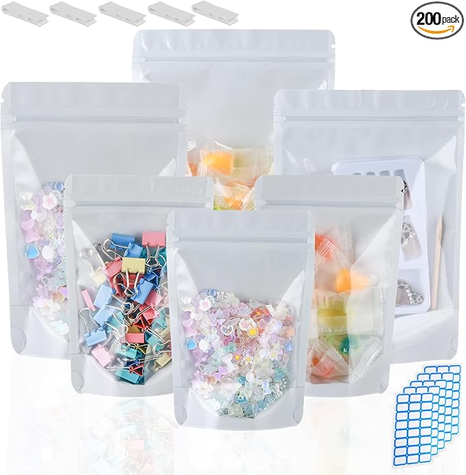 200 Mylar Bags for Food Storage 5X8 Mylar Bags with Window Candy Packaging Resealable Bags White Stand Up Pouches Edible Packaging for Small Business by Circloophs
