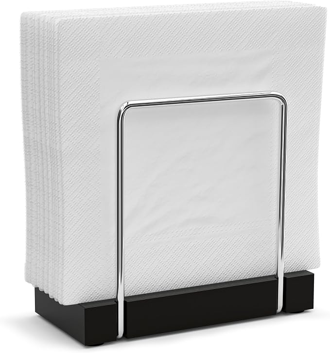 Wican Napkin Holder for Table, Bamboo Iron Standing Napkin Dispenser | Kitchen Dining Table Farmhouse Cocktail Picnic Rustic Wood Holders, Mail Bills, Suitable Dining Room Decors, Silvery & Black by Wican