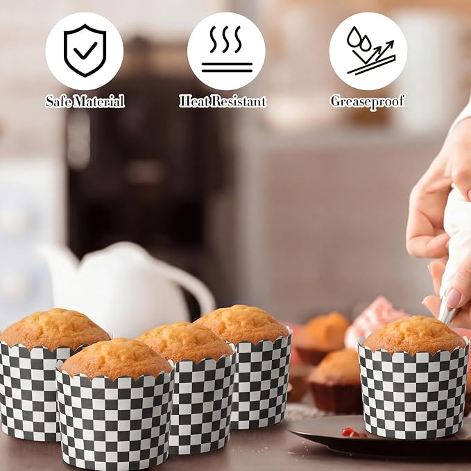 Qinyoung 150 Pcs Race Car Checkered Cupcake Wrappers Liners Black and White Paper Baking Cup Greaseproof Disposable Scalloped Checkered Flag Muffin Case for Racing Car Birthday Party Baby Shower Decor - Image 3