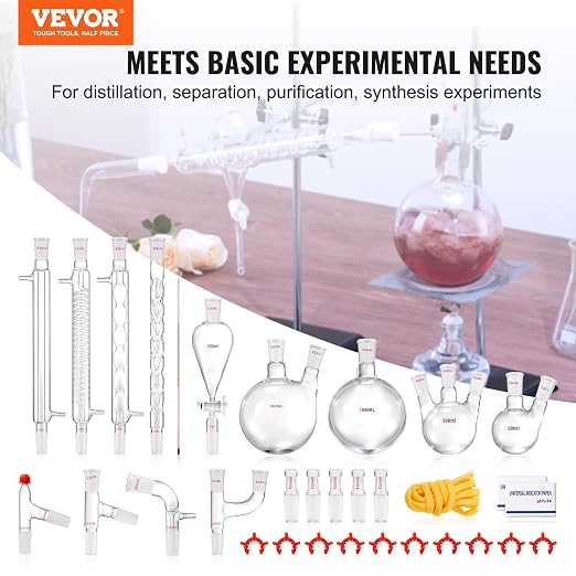 VEVOR Lab Distillation Kit, 3.3 Boro Lab Glassware Distillation Kit with 24, 40 Joint, 1000ml Essential Oil Distillation Apparatus Kit, 32 pcs Set of Glassware Equipment - Image 2