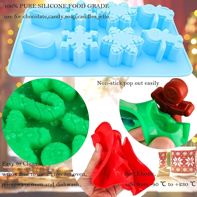 Christmas Silicone Chocolate Molds 5PCS Christmas Trees Snowflake Socks Bells Gingerbread Man Santa Shape Baking Molds for Chocolate Jelly Soap Fondant Candy Candles Pastry Gummies Cake Decorating