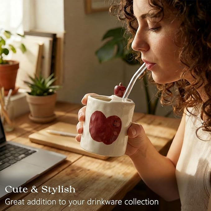 Ceramic Travel Mug with Half Lid, Apple Design Handmade Pottery Coffee Cup 12oz, Kawaii Reusable Coffee & Tea Tumbler, Microwave & Dishwasher Safe - Image 8