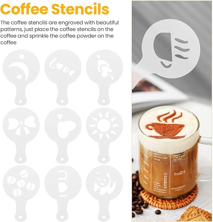 Coffee Decorating Stencils, Coffee Carving Pen Set, Portable Stainless Steel Latte Art Pen, Coffee Shaping Tool with Powder Shaker Spoons