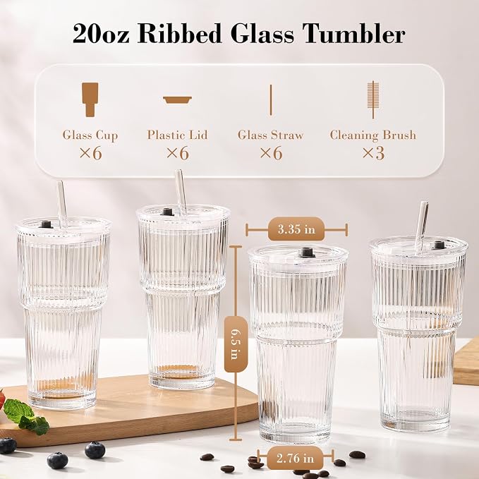 20oz Iced Coffee Cups with Lids, Ribbed Glass Cups with Lids and Straws | Thick Reusable Glass, Leak-Resistant Lids, Fits Most Car Cup Holders, For Iced Coffee, Tea, Smoothies and Cold Drinks - Image 6
