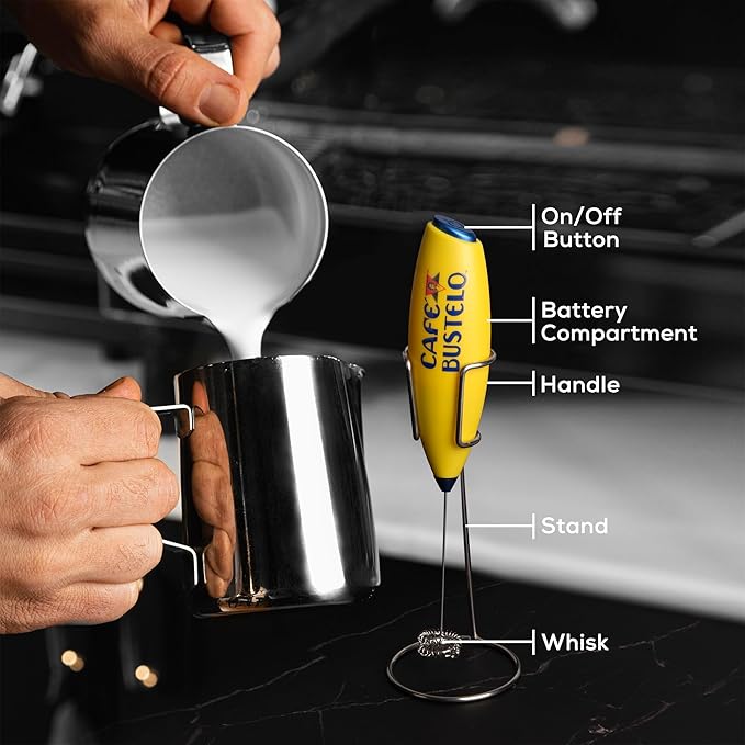 Café Bustelo Electric Coffee Milk Frother – Handheld Battery-Operated Drink Mixer with Stainless Steel Whisk & Stand, Bold Yellow Design, Perfect for Lattes, Cappuccinos & Café-Style Coffee Drinks